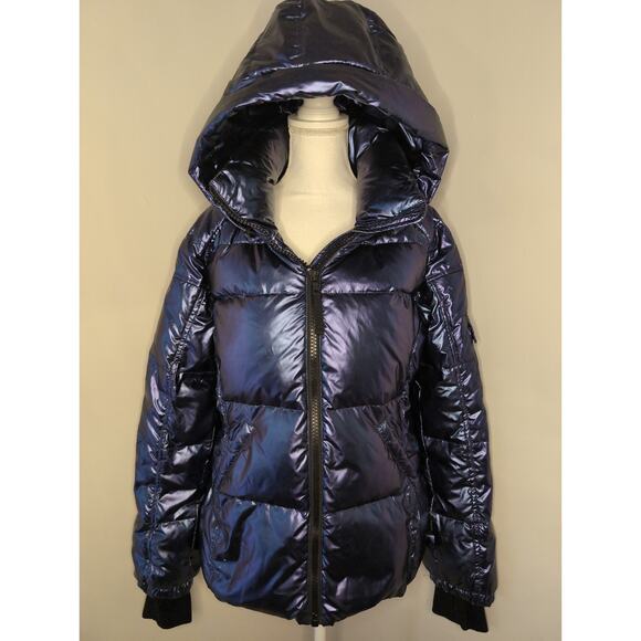 S13 NY blue metallic satin space Y2K futuristic Kylie puffer jacket - Picture 2 of 14